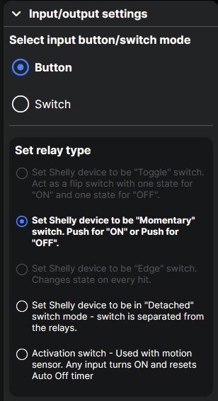 Inställningsskärm för Shelly-enhet; alternativ för att välja knapp eller strömbrytarläge och olika reläinställningar visas.