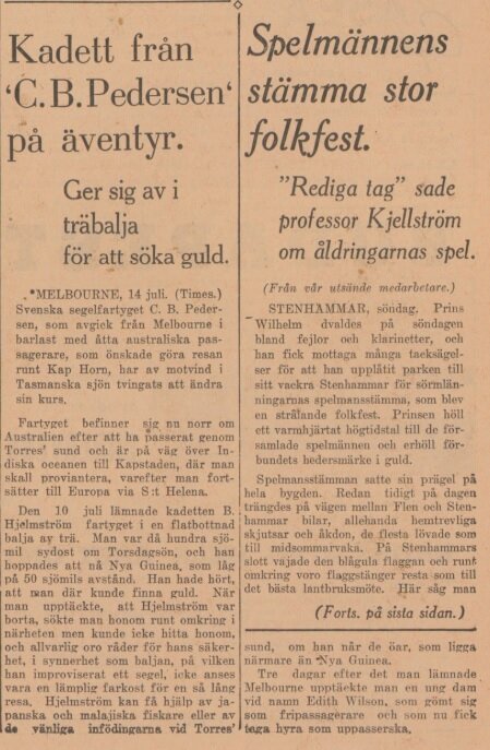 Tidningsartikel från 1935 om kadett C.B. Pedersens äventyr för att söka guld och om spelmännens stämma med professor Kjellström.
