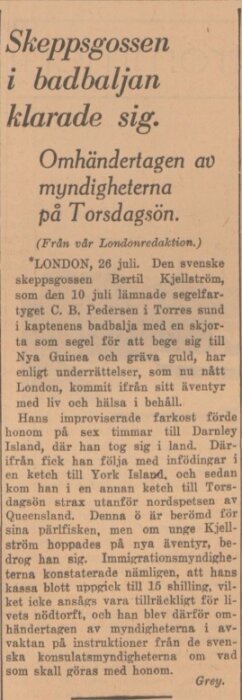 Tidningsartikel från 1935 om Bertil Kjellström, en skeppsgosse som seglade i en badbalja med skjorta som segel, omhändertagen på Torsdagön.