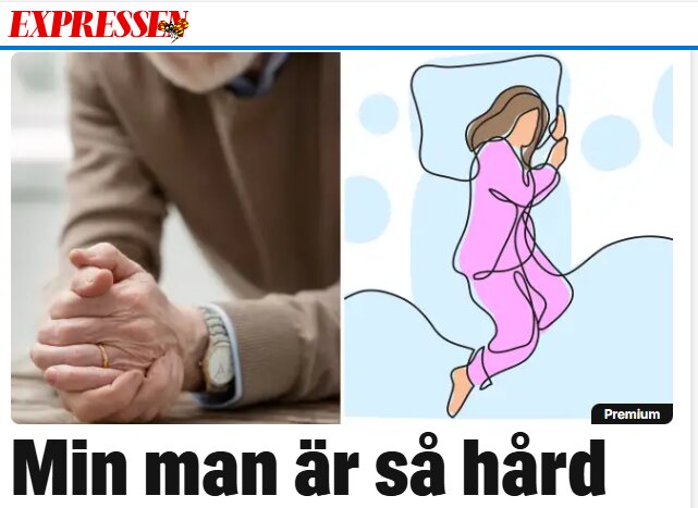 En man med korslagda händer vid ett bord och en illustration av en kvinna som ligger i sängen iförd pyjamas och hörlurar.
