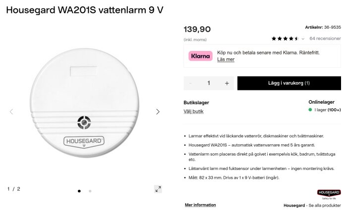 Vit Housegard WA201S vattenlarm, rund form med logotyp och räfflor i nederdelen. Används för att upptäcka vattenläckor.