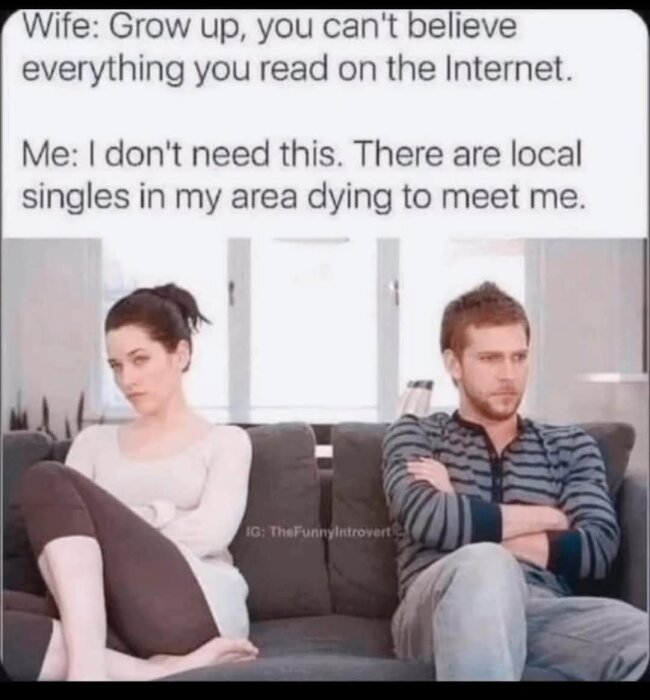 Man och kvinna sitter på soffa med armarna i kors. Text ovanför: "Grow up, you can't believe everything you read on the Internet." "There are local singles in my area dying to meet me.