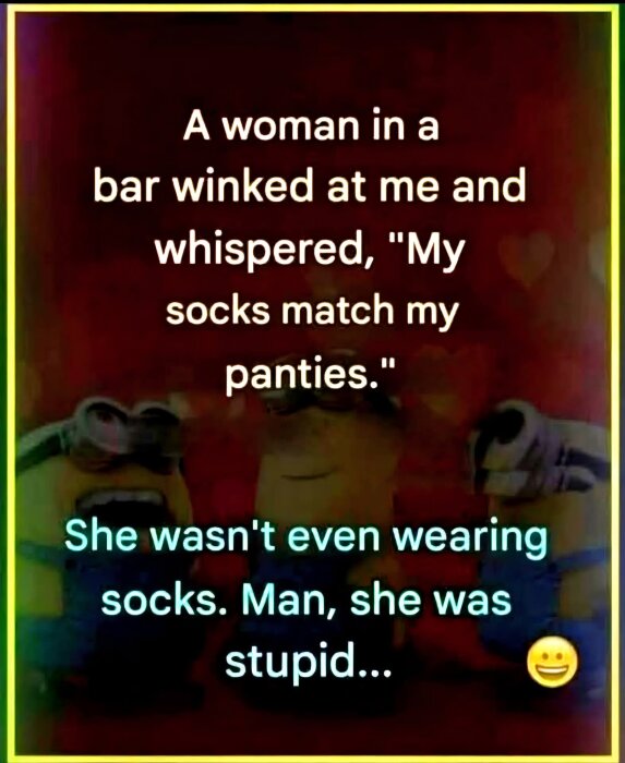 En bild med text om en kvinna på bar och skämt med små gula figurer nedanför; en emoji längst ner till höger visar ett leende ansikte.