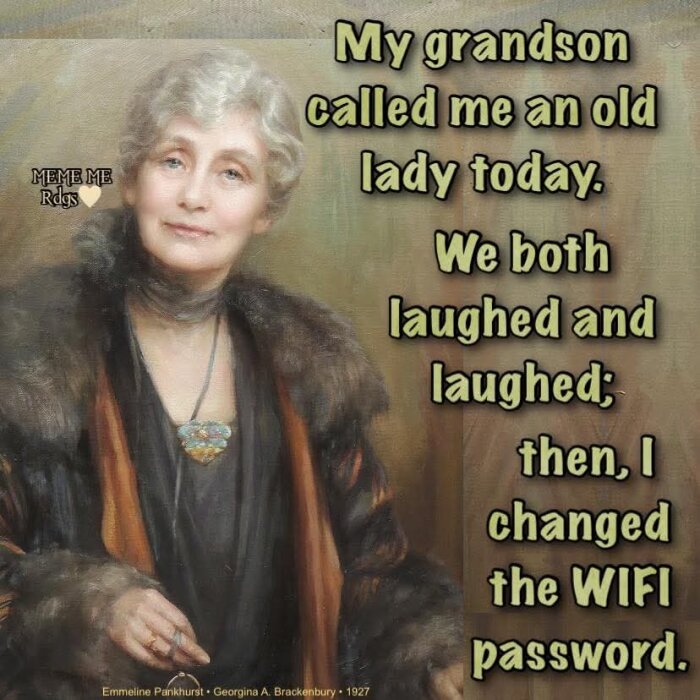 Målning av en äldre dam med en text som beskriver ett humoristiskt WiFi-lösenordsbyte efter att hennes barnbarn kallat henne gammal.