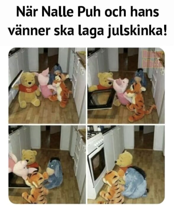 Nalle Puh och vänner i ett kök; Tigger, Nasse och Ior sitter vid en ugn, förbereder något tillsammans. Texten säger "När Nalle Puh och hans vänner ska laga julskinka!