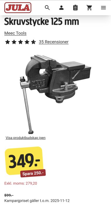 Roterbart skruvstycke 125 mm från Jula, pris 349 kr. Produktbild med recensioner och rabattinformation, käftar 12,5 cm breda.