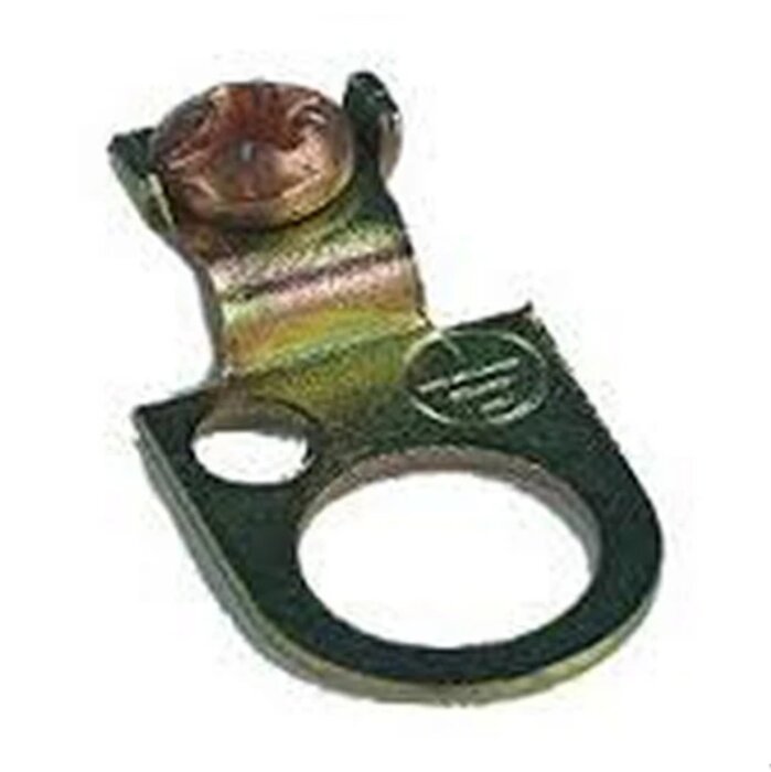 Jordbleck med runda hål och en skruv överst, används för anslutning av jord till en stång med lamphållare.