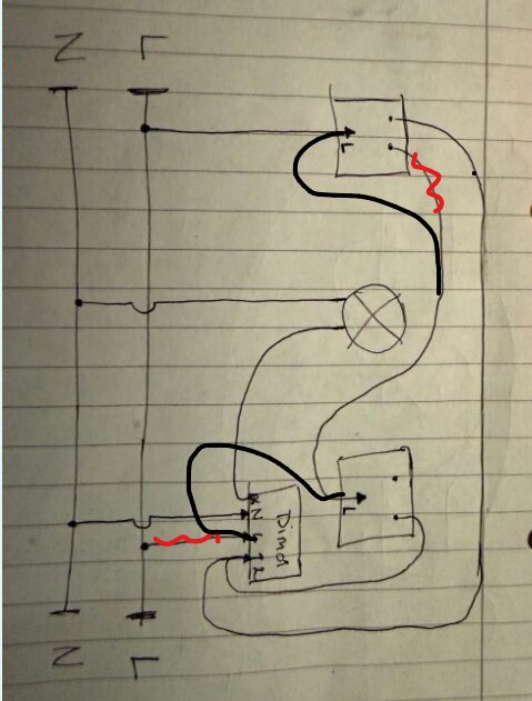 Handritad skiss av elektrisk krets med trappbrytare och dimmer, visar kopplingar och ledningar i ett elnät. Fasledare saknas vid en brytare.