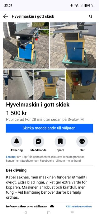 Hyvelmaskin i gott skick, blå och gul, står på en stenlagd yta utomhus. Olika vinklar visar maskinens detaljer och skick.