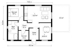 Planlösning av ett fritidshus på 73 kvadratmeter med två sovrum, badrum, kök och vardagsrum samt en markerad tillbyggnad på 23 kvadratmeter.