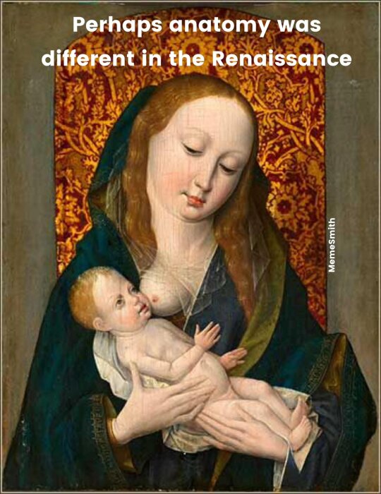 Renässansmålning av kvinna som håller ett barn mot en dekorerad bakgrund med humoristisk text om anatomiska avvikelser under renässansen.