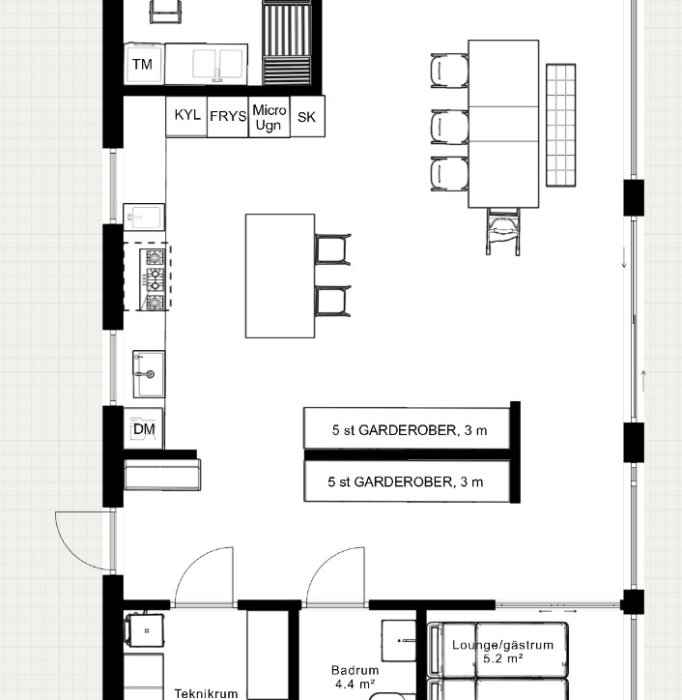 Planskiss över kök och tvättstuga med kyl, frys, mikrovågsugn, spis, två diskhoar och arbetsytor, samt utrymmen för garderober och lounge.