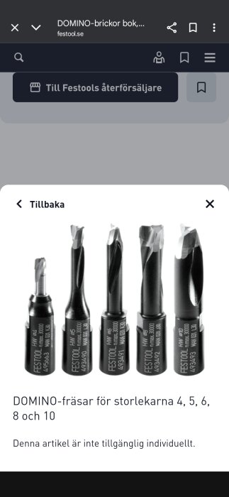 Set med fem Festool dominosfräsar i olika storlekar för precisionsarbeten, visade mot en vit bakgrund.