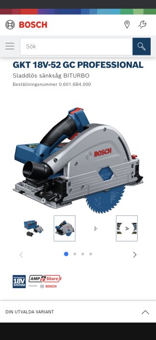 Bosch GKT 18V-52 GC Professional sladdlös sänksåg med blått och silverfärgat hölje, visad från sidan på vit bakgrund.