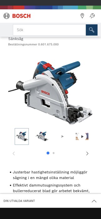 Bosch sänksåg visad med sladd och justerbar hastighetsinställning, del av en diskussion om sågkompatibilitet och användning nära väggar.