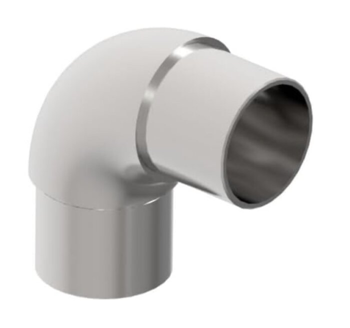 Rostfri rörböj 90 grader med fals, del av system för altanräcken, diameter 42,4mm och gods 2mm, för byggprojekt med trampbåt.