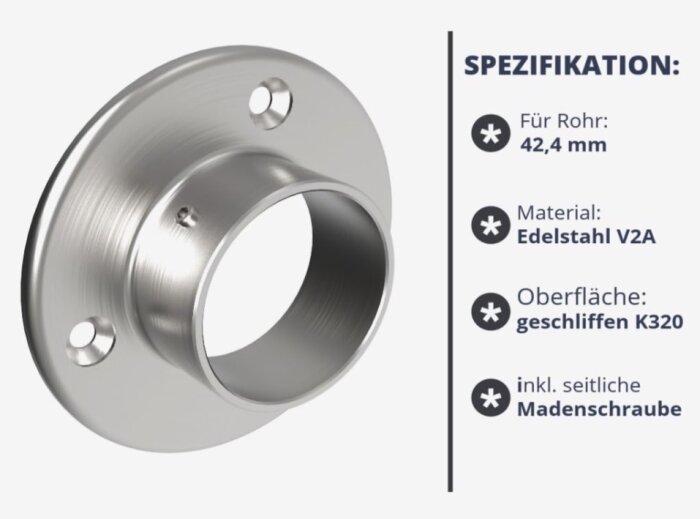 Rostfri fästplatta för rör, diameter 42,4 mm, material: rostfritt stål V2A, yta: slipad K320, med sidlåsande skruv.