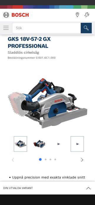 Bosch GKS 18V-57-2 GX professionell sladdlös cirkelsåg med blå och grå design, produktsida.