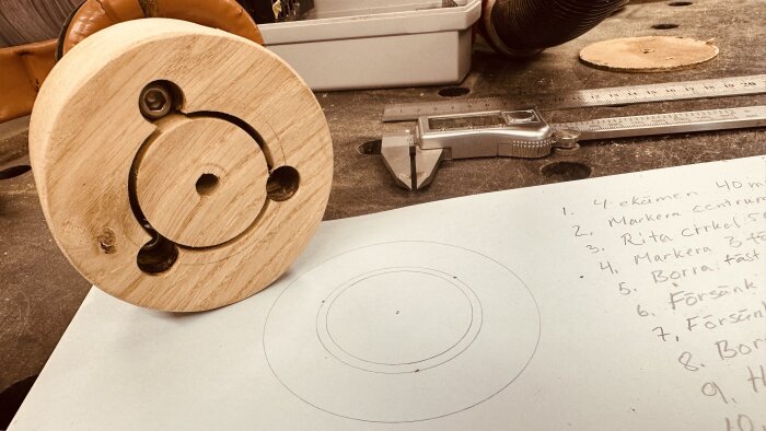 Träadapter i ek med borrade hål, liggande på ett papper med ritningar och en lista, omgiven av verktyg på en arbetsbänk.