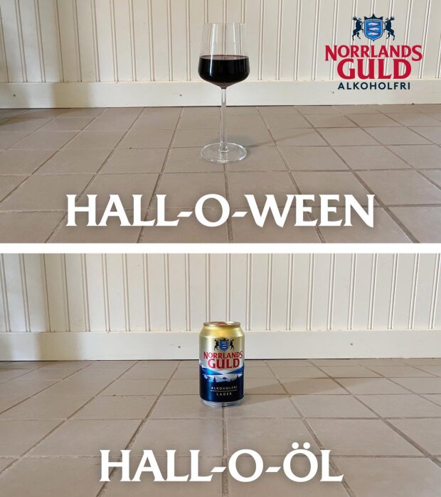Överst ett vinglas med texten "HALL-O-WEEN", nederst en ölburk med texten "HALL-O-ÖL", båda på kaklat golv med vit träpanel bakom.