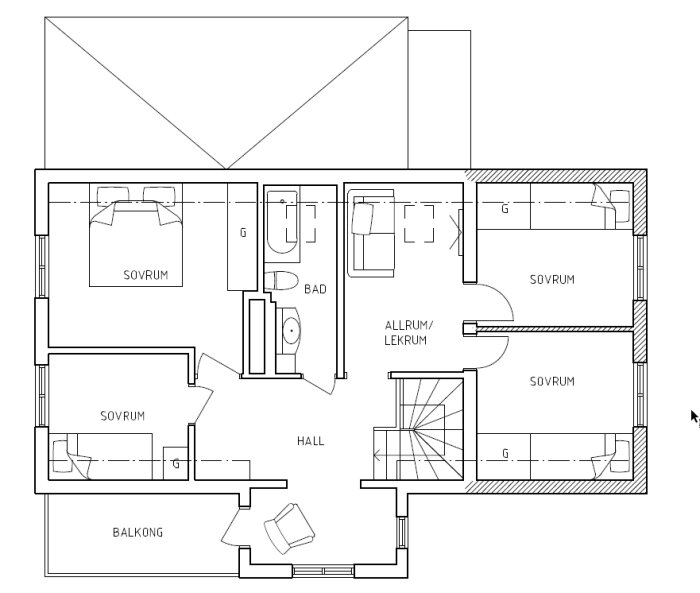 Planskiss över andra våningen med tre sovrum, allrum/lekrum, badrum och balkong.