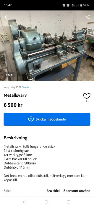 Metallsvarv i verkstadsmiljö, säljs för 6500 kr. Bra skick med tillbehör som spännhylsor och verktygshållare.