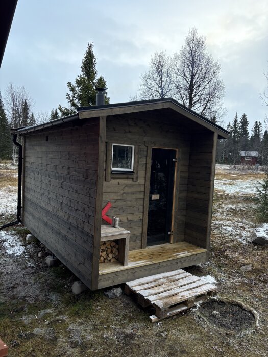 Träbyggnad med skorsten, vedförvaring och liten träveranda; omgivande skog och lätt snötäckt mark.