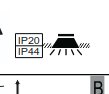 Symbol för ljusarmatur med IP-klass: IP20 på baksidan och IP44 på framsidan, antyder skyddsnivåer mot damm och vatten.