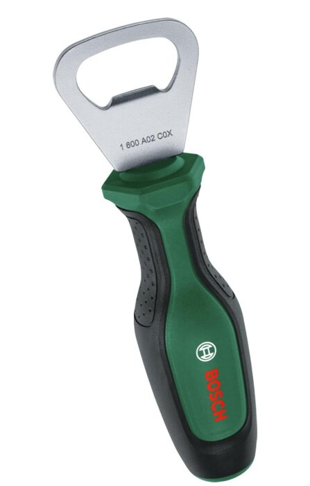 Flasköppnare från Bosch med grönt och svart handtag.