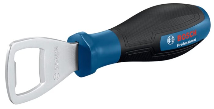 Bosch kapsylöppnare med svart och blått handtag och metallöppnare, markerad som professionell.