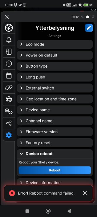 Felmeddelande vid misslyckad omstart av Shelly1-enhet i inställningsmenyn för ytterbelysning.