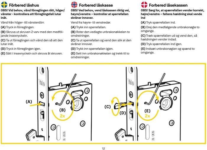 Instruktioner för att vända och justera förreglingskolven i ett låshus, visad med steg för steg-anvisningar och illustrationer.