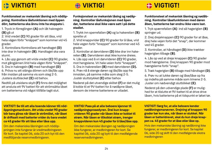 Instruktioner för funktionstest av mekanisk låsning och nödöppning på flera språk med stegvis guide och säkerhetsvarningar.