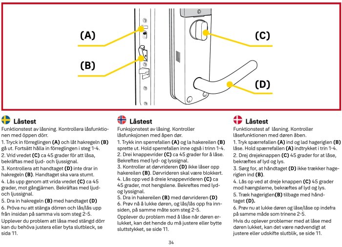 Illustration av låshus och handtag med märken A-D: förregling, hakregel, vred och handtag, för att beskriva funktions- och låstest på en dörr.
