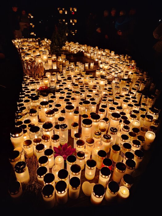 Mängder av tända ljus placerade i en stor formation på mörk bakgrund, med människor i bakgrunden.