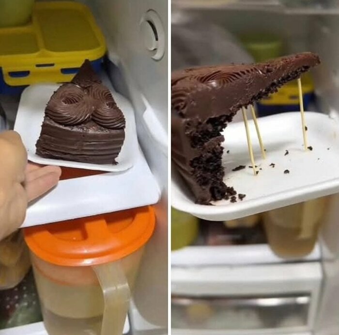 Chokladtårta på en plastbricka i kylskåp. Ena bilden visar tårtan hel, den andra visar tårtan delvis uppäten och stödd av tandpetare.