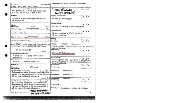 Byggnadsritning för sutteränghus från 70-talet med specifikationer för väggar och bjälklag i lättbetong.