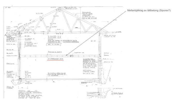 Ritning av 70-talshus med detaljer om mellanbjälklag av lättbetong, SIPOREX, med mått och bärförmåga, relevant för installation av ny kamin.