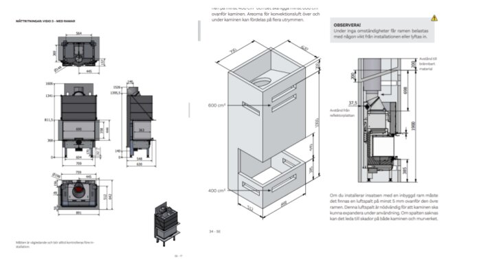 Måttskisser för RAIS Visio 3 insatskamin, inkluderar dimensioner och installationstips för korrekt placering och ventilation av kaminen.