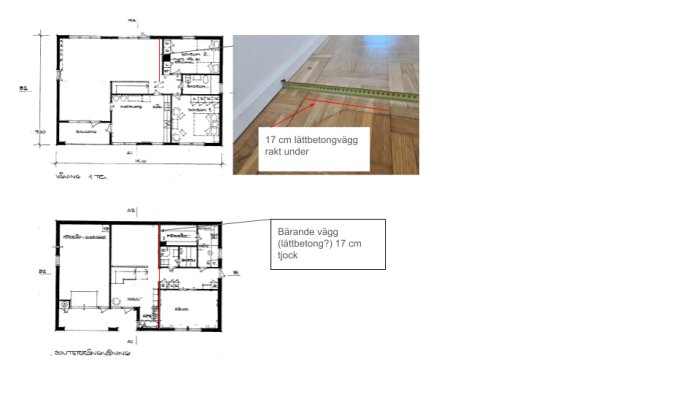 Planritning av två våningar i ett sutteränghus med markerad bärande vägg; bild på golv med måttband.
