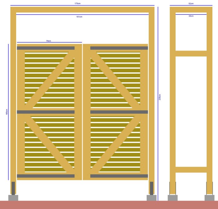 Ritning av dubbelgrind och enkelgrind med mått och insynsskydd; stolpar och ram av 70x70 och 45x95 reglar, med spaljé för klätterväxter.