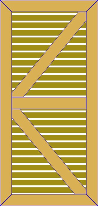 Ritning av en dubbelgrind med horisontella ribbor och diagonala snedsträvor. Ramen är markerad i blått.