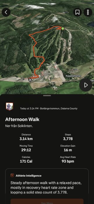 Karta och statistik för en promenad i Borlänge kommun, med en gångsträcka markerad i rött, samt distans, steg, och hjärtfrekvens.