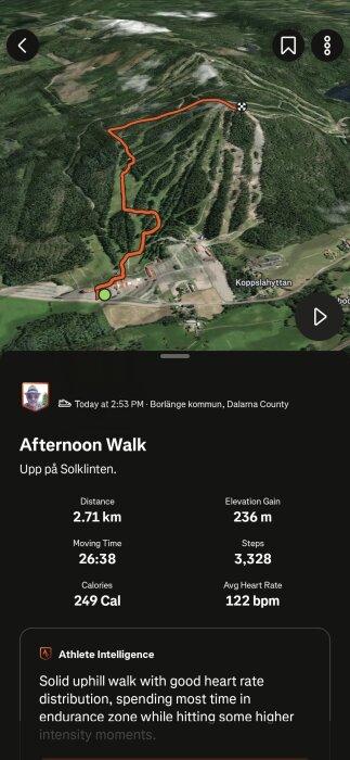 Karta över en promenadrutt upp till Solklinten, Borlänge. Total sträcka 2,71 km, höjdökning 236 m, tid 26:38, steg 3 328, kalorier 249.