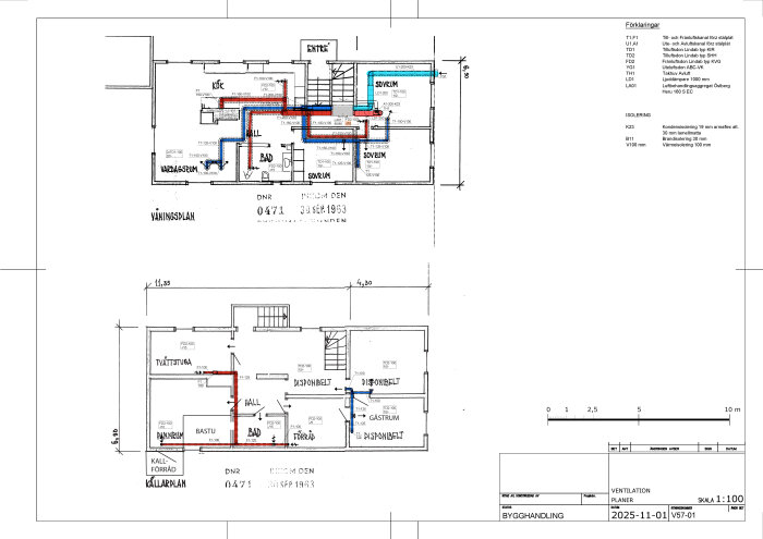 Ritning över FTX-system i hus med till- och frånluftskanaler markerade i två våningsplan, visar rumsplacering och systemets utformning.