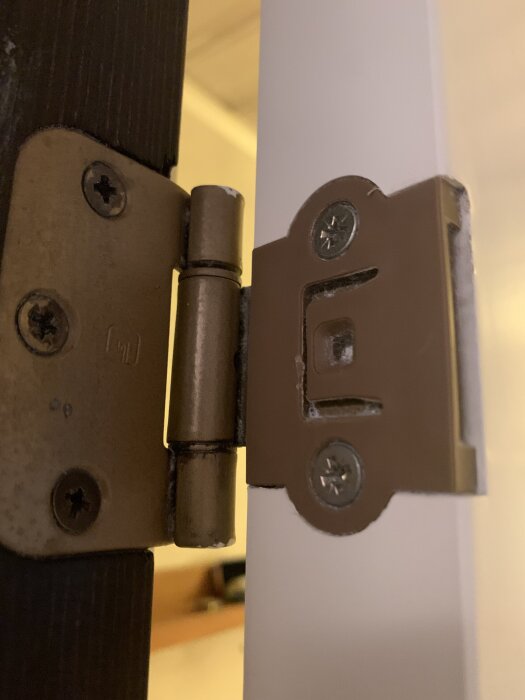 Närbild av en dörrgångjärn som kan behöva justeras för att förhindra att dörren tar i tröskeln.