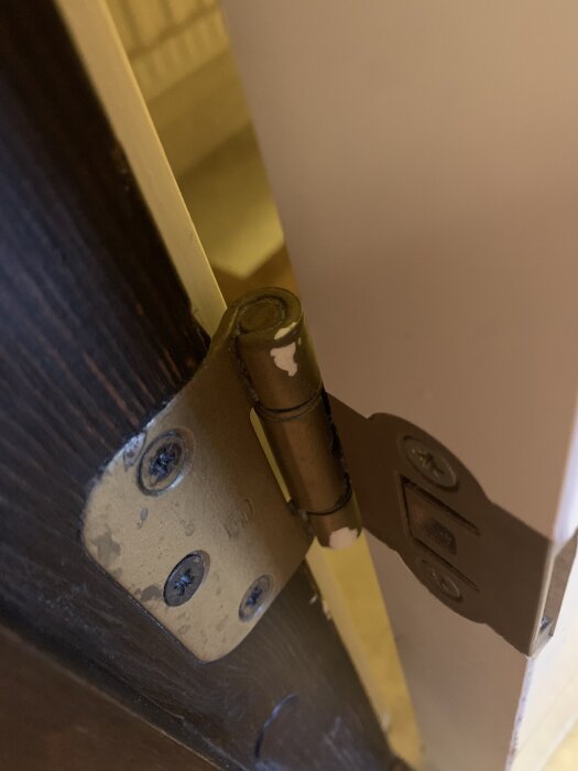 Närbild på en dörrgångjärn där dörren tar i tröskeln, med synliga skruvar och gångjärn på en brun dörrkarm.