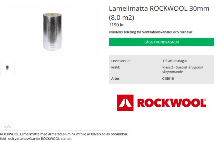 ROCKWOOL lamellmatta 30mm för kondensisolerande, med armerad aluminiumfolie, pris 1190 kr för 8 m². Anpassad för ventilationskanaler och rördelar.