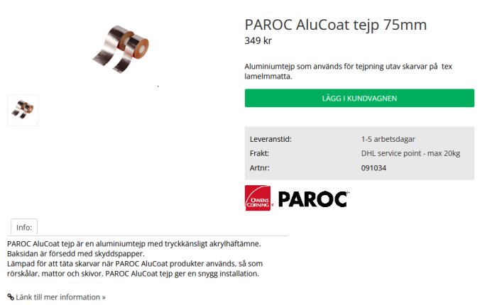 PAROC AluCoat tejp 75mm produktbild och beskrivning, inklusive pris och leveransinformation. Tejpen används för tätning av skarvar på lamellmattor.