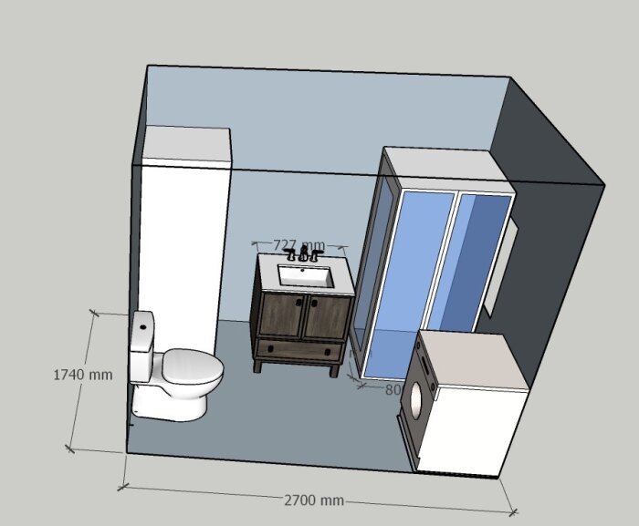 3D-modell av ett badrum med toalett, handfat, duschhörna och tvättmaskin med måttangivelser.